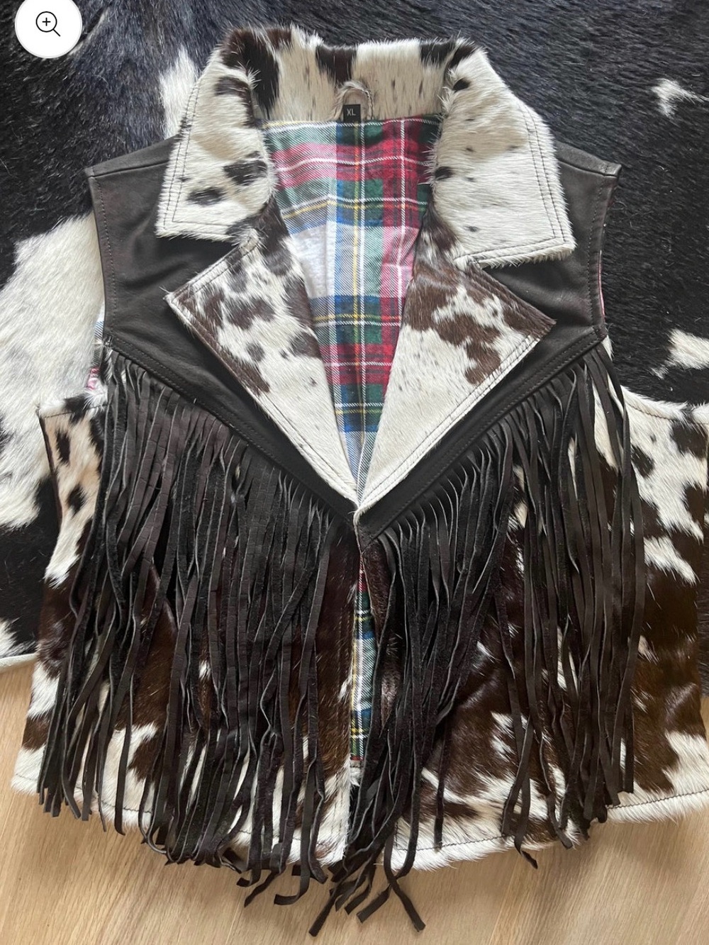 Fringe Cowhide Leather Vest with Plaid Lining